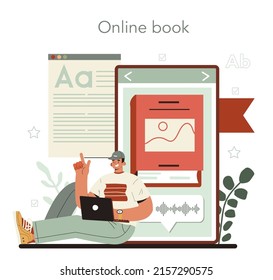Writer online service or platform. Author writing script of a novel. Bestseller publishing process. Journalist, novelist or poet. Online book,. Vector illustration