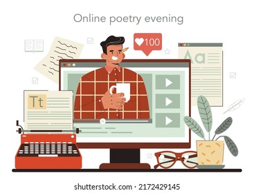 Writer online service or platform. Author writing script of a novel. Bestseller publishing process. Journalist, novelist or poet. Online poetry evening. Vector illustration