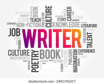 Writer is a person who uses written words in different writing styles and techniques to communicate ideas, word cloud concept background