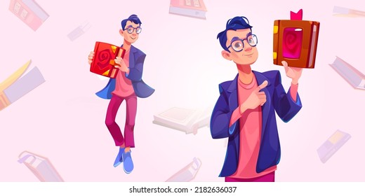 Escritor presentando libro, hombre sosteniendo volumen de papel con marcador en las manos apuntando con el dedo índice en la cubierta. Autor personaje masculino en ropa de moda que presenta bestseller, ilustración vectorial de dibujos animados