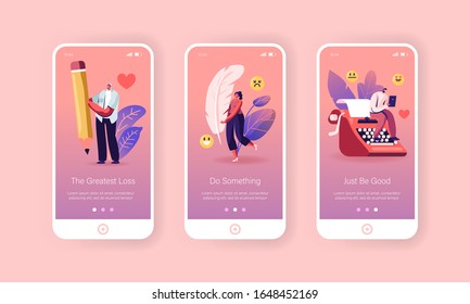 Writer Profession Mobile App Page Onboard Screen Set. Authors Create New Composition, Writing Book or Poetry, Creative Occupation Concept for Website or Web Page. Cartoon Flat Vector Illustration