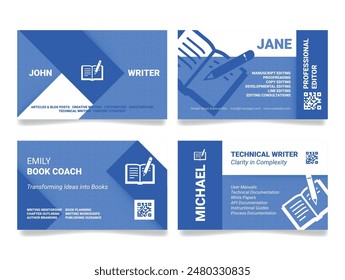 Writer professional editor book coach business card design template set vector flat illustration. Creative information imagination marketing campaign content creation journalist writing communication