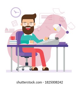escritor profesional sentado en una mesa con texto de escritura para portátiles para la computadora de los clientes y libros de papel