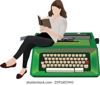 Writer relaxing and getting inspiration reading a book sitting on a vintage typewriter