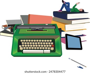 Writer is relaxing on top of a stack of books while a typewriter, a tablet computer and a pen are laying on a desk