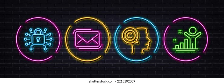 Writer, Security lock and Messenger mail minimal line icons. Neon laser 3d lights. Winner icons. For web, application, printing. Copyrighter, Cyber network, New e-mail. Best result. Vector