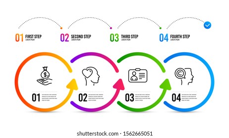 Writer sign. Infographics timeline. Id card, Friend and Income money line icons set. Human document, Love, Savings. Copyrighter. People set. Id card icon. Timeline diagram. Vector