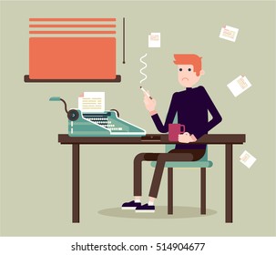 Writer sits by the table and writing a new story. Retro vintage style. Indoor illustration. Vector flat design. Flat character - writer. 