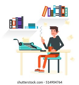 Writer sits by the table and writing a new story. Retro vintage style. Indoor illustration. Vector flat design. Flat character - writer. 