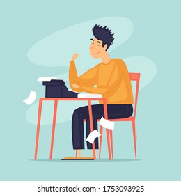 Writer sits writing on a typewriter. Flat design vector illustration.