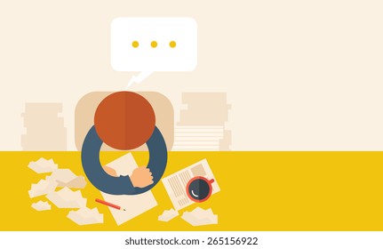 A writer is sitting in front of the table facing downward thinking on what to write with his pen and coffee beside him. Writing and thinking concept. A contemporary style with pastel palette beige
