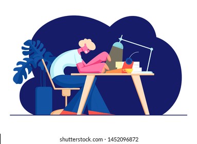 Writer Sitting at Table with Shining Lamp, Cup and Paper Pile Printing on Typewriter. Creative Hobby, Occupation, Talented Author Working on New Story or Book at Home. Cartoon Flat Vector Illustration