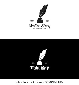 writer story logo design with feather and pen old