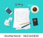 Writer story workplace vector illustration isolated on blue, storytelling letter, flat lay cartoon paper sheets on working table with text, pen and pencil, top view desktop with writing letter 
