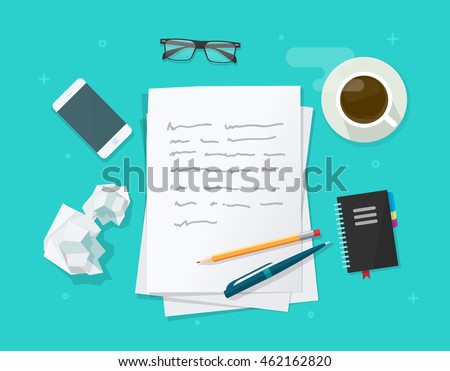 Writer story workplace vector illustration isolated on blue, storytelling letter, flat lay cartoon paper sheets on working table with text, pen and pencil, top view desktop with writing letter 