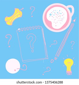 Writer or student workplace vector illustration isolated on light background, flat cartoon hand draw paper notebook on working table with question symbol, pencil, apple cores and coffee cappuccino cup