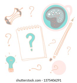 Writer or student workplace vector illustration isolated on light background, flat cartoon hand draw paper notebook on working table with question symbol, pencil, apple cores and coffee cappuccino cup