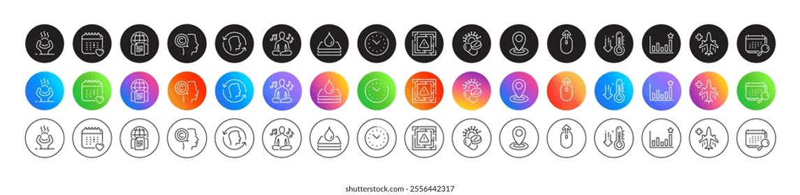 Writer, Swipe up and Healthcare calendar line icons. Round icon gradient buttons. Pack of Efficacy, Coronavirus pills, Difficult stress icon. Calendar, Maze attention, Medical flight pictogram. Vector