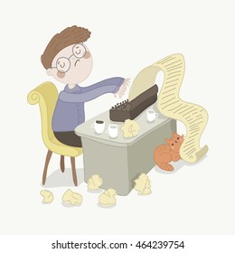 Writer is trying to write a text. Vector character. Blog and book