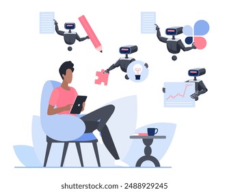 Writer using a tablet, collaborating with multiple chatbots performing various tasks like writing, puzzle solving, and presenting data, illustrating AI assistance in creative work vector illustration.