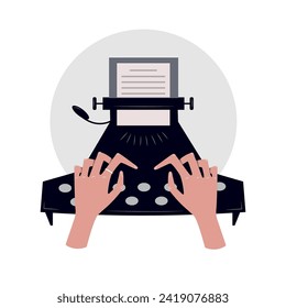 Escritor usando una máquina de escribir con fondo blanco. Derechos de autor. Máquina de escribir de fondo blanco.
