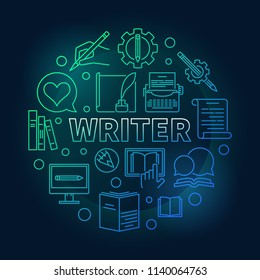 Writer vector colored round illustration made with linear icons on dark background