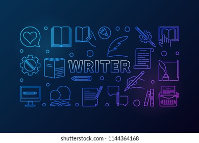 Writer vector creative horizontal illustration or banner made with thin line icons on dark background 