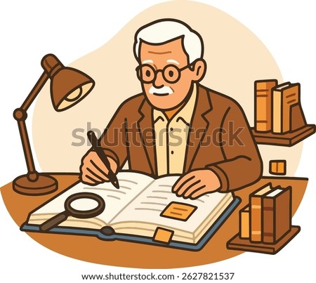 Writer Vector Illustration. Senior Man Reading And Writing.