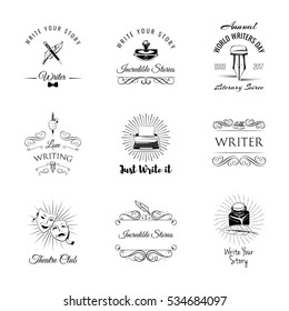 Writer vintage labeles and badges set. Arts Design Elements. Isolated On White Background