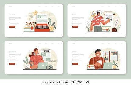 Writer web banner or landing page set. Author writing script of a novel. Bestseller publishing process. Journalist, novelist or poet. Idea of creative literature profession. Flat vector illustration