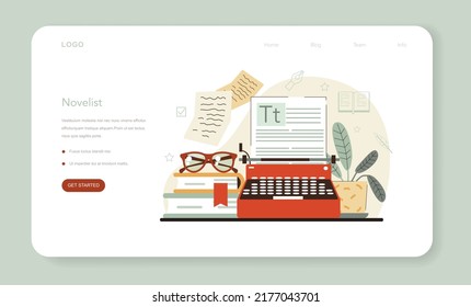 Writer web banner or landing page. Author writing script of a novel. Bestseller publishing process. Journalist, novelist or poet. Idea of creative literature profession. Flat vector illustration