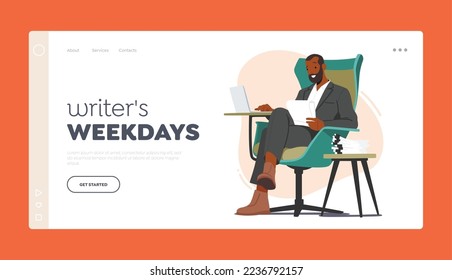 Writer Weekdays Landing Page Template. Schwarze Schriftzeichen, die auf dem Sessel sitzen und Artikel auf dem Laptop tippen. Kreative Person, die Text schreibt oder bearbeitet. Autor oder Journalist. Vektorgrafik von Cartoon People