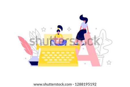 Writer at work. Copywriter and blogger write an article on white background