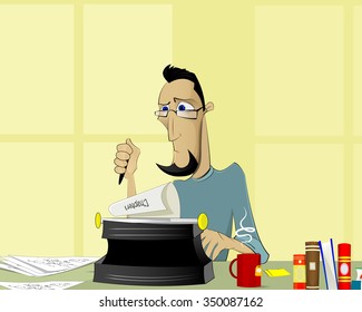 Writer at work. Handsome young writer sitting at the table and writing something.journalism, blog writing, editor, publisher illustration.  Vector 