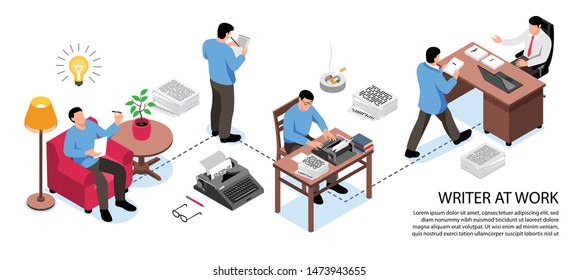 Writer at work horizontal isometric infographic composition from getting inspirational idea to publishers office flowchart vector illustration  