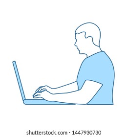 Writer At The Work Icon. Thin Line With Blue Fill Design. Vector Illustration.
