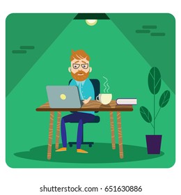 Writer at work on laptop flat illustration