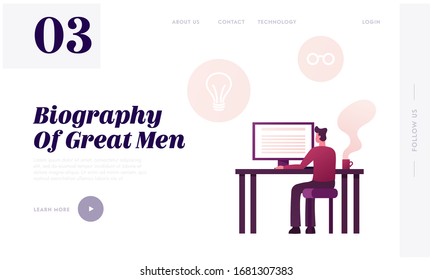 Writer Work on New Memoirs Book Landing Page Template. Male Character Sitting at Desk Look on Desktop. Man Author Writing Biography or Portfolio for Job Employment. Cartoon Vector Illustration