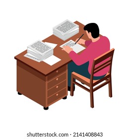 Writer work place isometric icon with male character working on new book 3d vector illustration