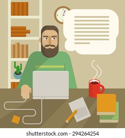 Writer at work. Writes a story, working on computer.