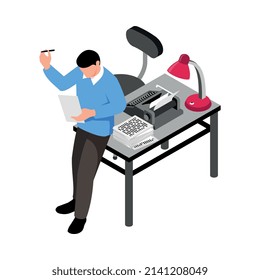 Writer working in his office with typewriter and pile of papers on desk 3d isometric icon vector illustration
