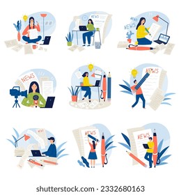 Writer working. Journalism copywriting blogging professions recent vector illustrations isolated
