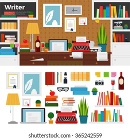 Writer working place vector flat illustrations. Writer cabinet interior with books, papers and computer. Computer, typewriter, pens, vine, lamp isolated on white background