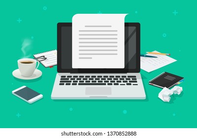 Writer workplace and computer paper sheet vector, flat cartoon 3d copywriter table creating electronic text file or book top view, writing letter or journal via laptop, journalism story, learning idea