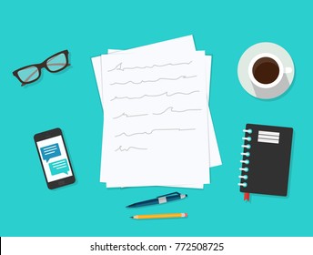 Writer Workplace  Isolated On Blue Background, Flat Cartoon Paper Sheets On Working Table With Text, Pen And Pencil, Top View Desktop With Writing Letter Vector Illiustration