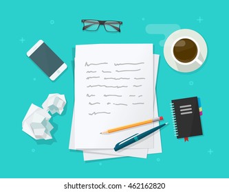 Writer Workplace Vector Illustration Isolated On Blue Background, Flat Lay Cartoon Paper Sheets On Working Table With Text, Pen And Pencil, Top View Desktop With Writing Letter 