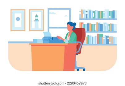 Writer works in her office on typewriter. Woman sitting in an armchair behind wooden desk with stack of papers. Author typing text. Editor and copywriter. Secretary job
