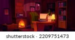 Writer workspace in dark room with vintage furniture. Cartoon vector illustration of retro furnished home office with old typewriter on wooden desk, cozy armchair and fireplace, many books on shelves