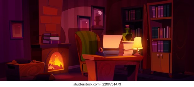 Writer workspace in dark room with vintage furniture. Cartoon vector illustration of retro furnished home office with old typewriter on wooden desk, cozy armchair and fireplace, many books on shelves