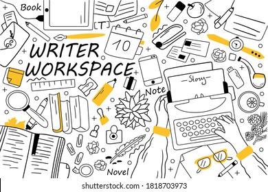 Writer workspace doodle set. Collection of hand drawn sketches templates patterns of writing equipment. Creative occupation and storytelling content book creation illustration